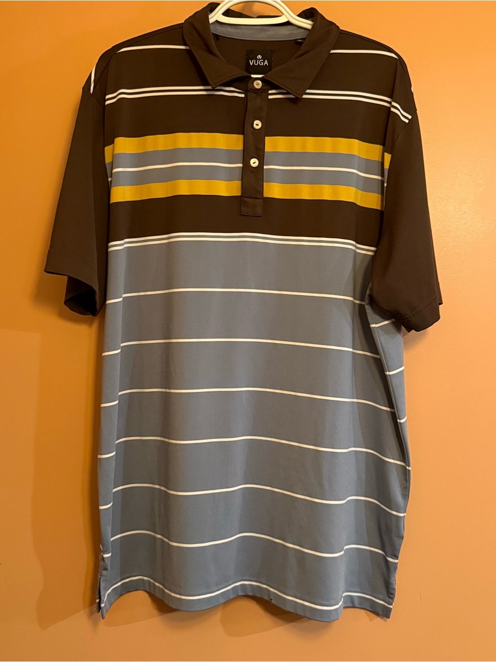 VUGA Men’s XL Striped Performance Golf Polo Brown Blue Stretch Shirt